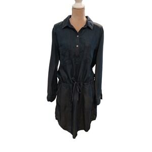 Chambray Button Down Shirt Dress Long Sleeve Drawstring Waist Blue Medium